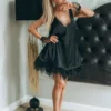 Ostrich Feather Fringed Satin Cocktail Dress_1