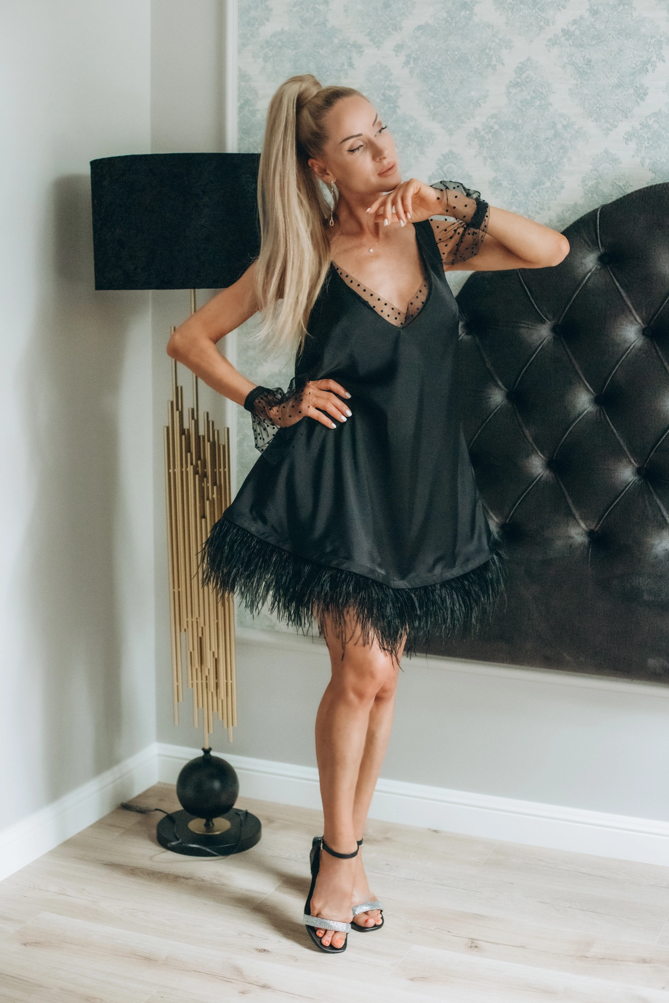 Ostrich Feather Fringed Satin Cocktail Dress_1