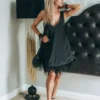 Ostrich Feather Fringed Satin Cocktail Dress_2