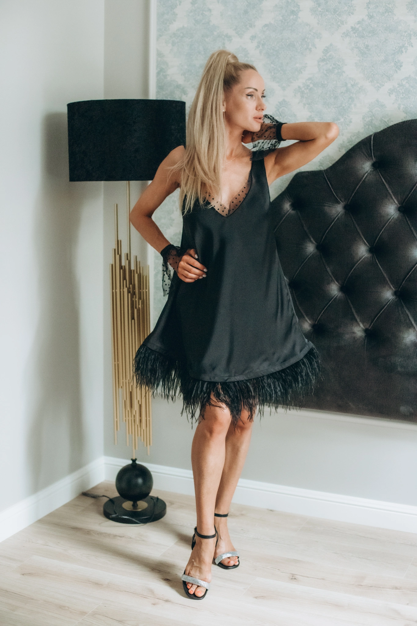 Ostrich Feather Fringed Satin Cocktail Dress_2