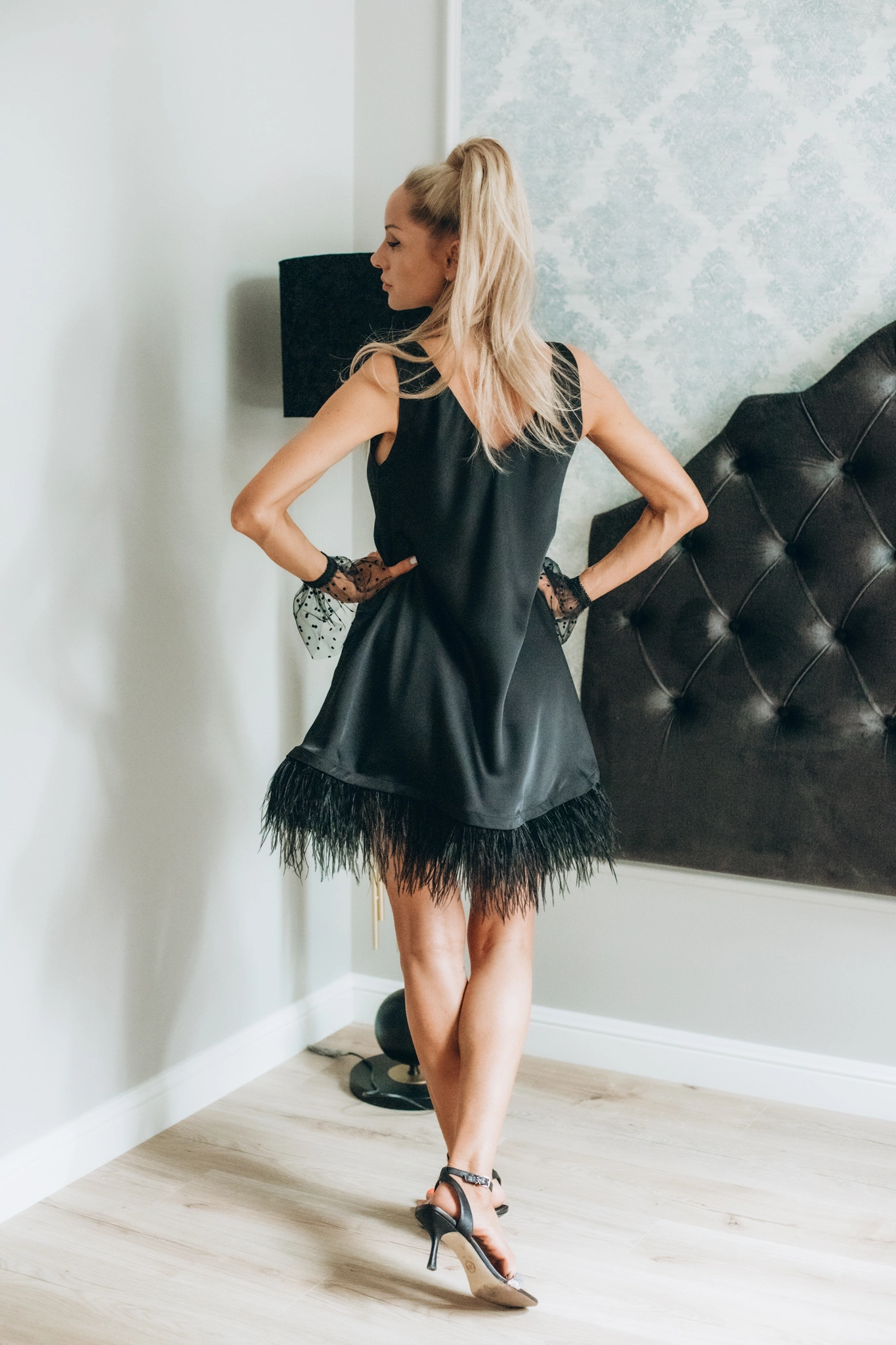 Ostrich Feather Fringed Satin Cocktail Dress_3